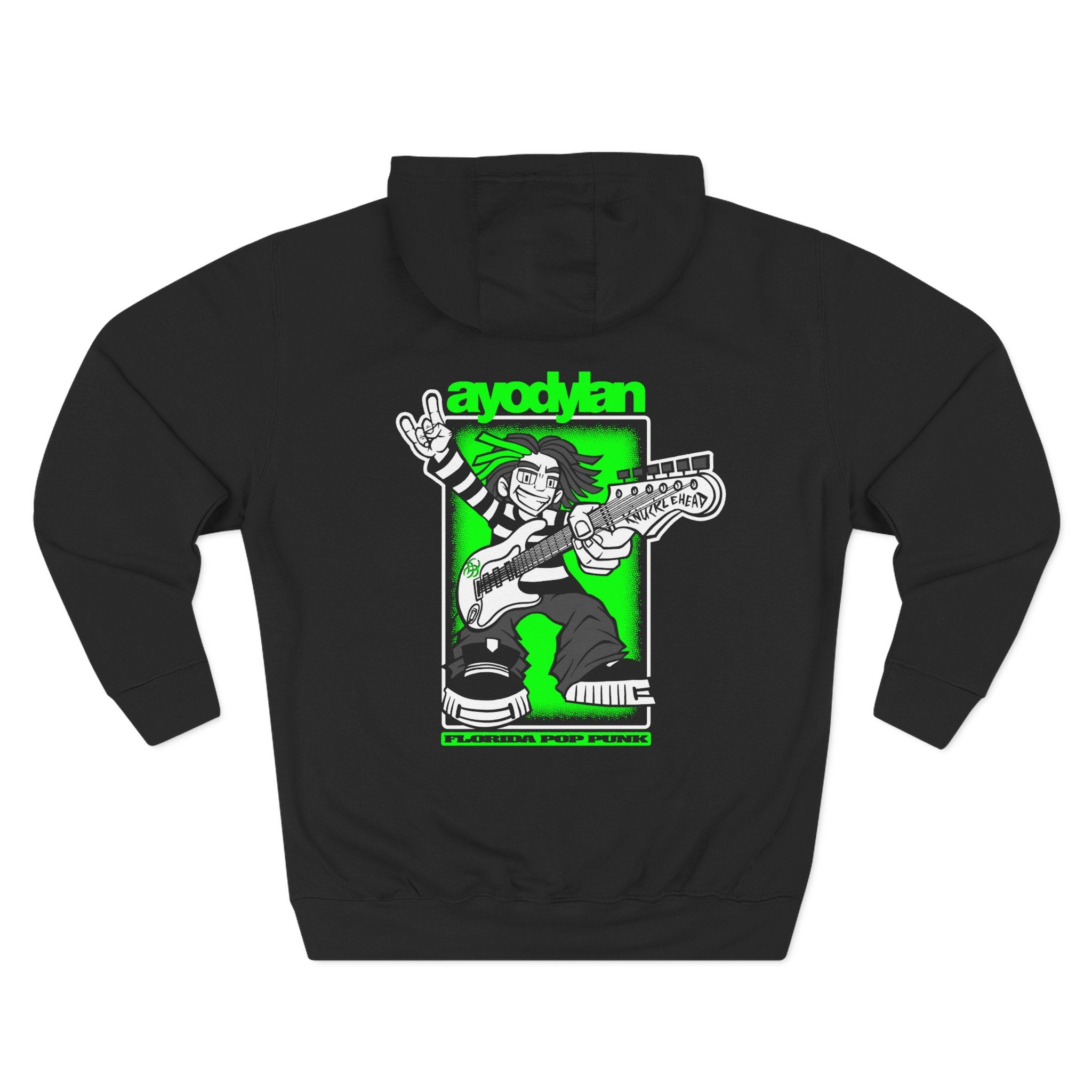 Black hoodie with a graphic design of a person playing bass guitar on a green background.