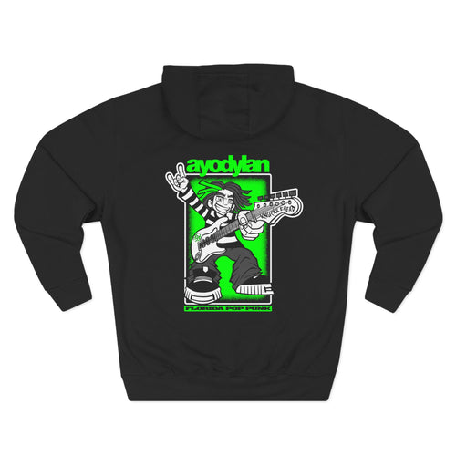 Black hoodie with a graphic design of a person playing bass guitar on a green background.