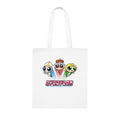 White tote bag with cartoon characters and personalized text on a white background