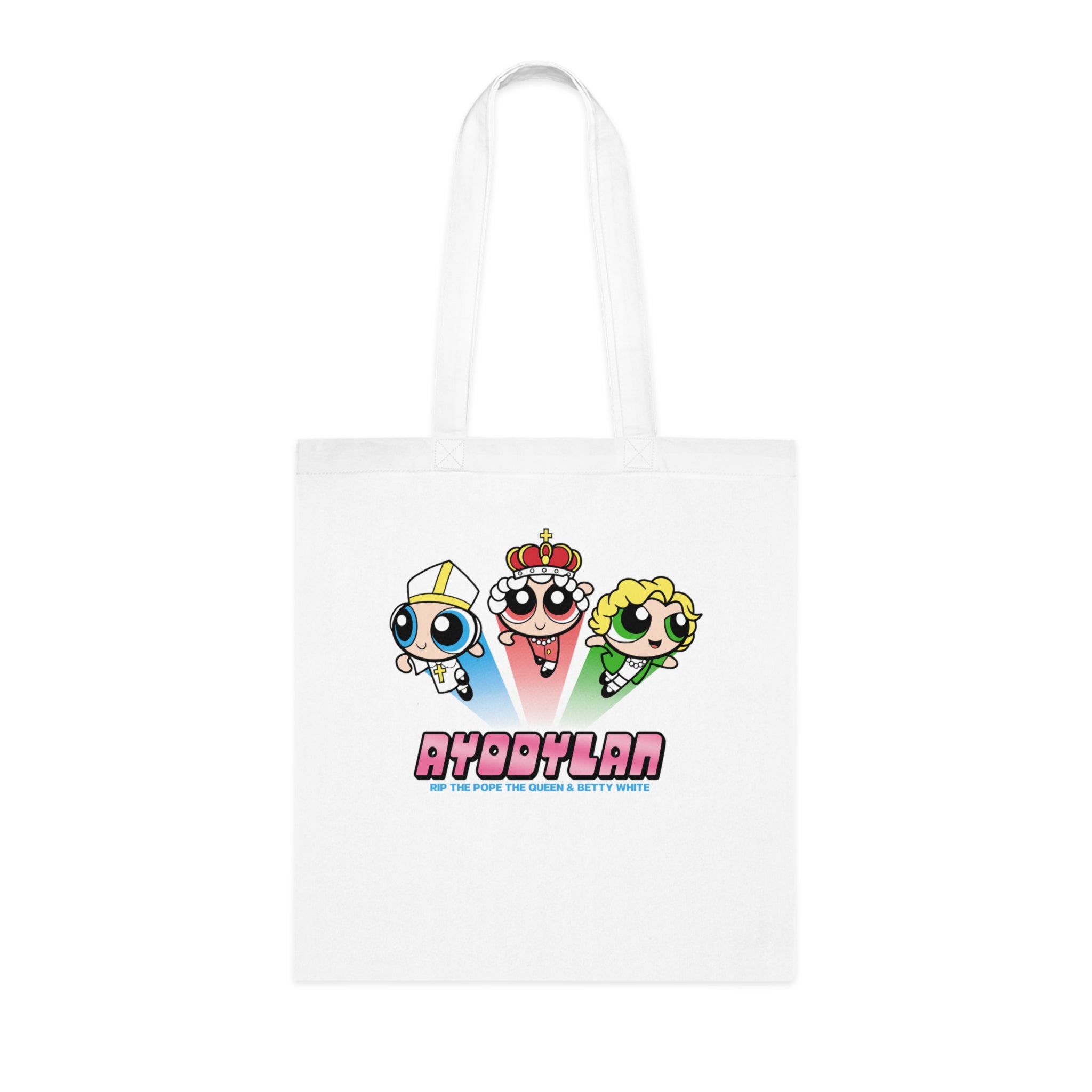 White tote bag with cartoon characters and personalized text on a white background