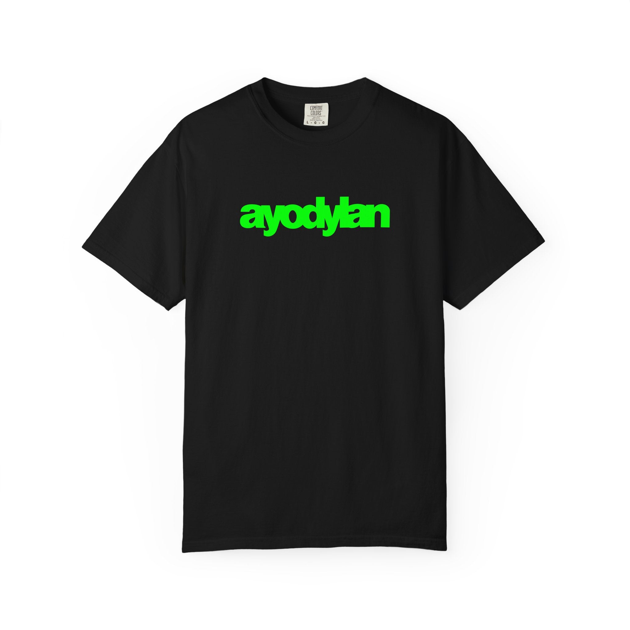 Black t-shirt with green text on a white background