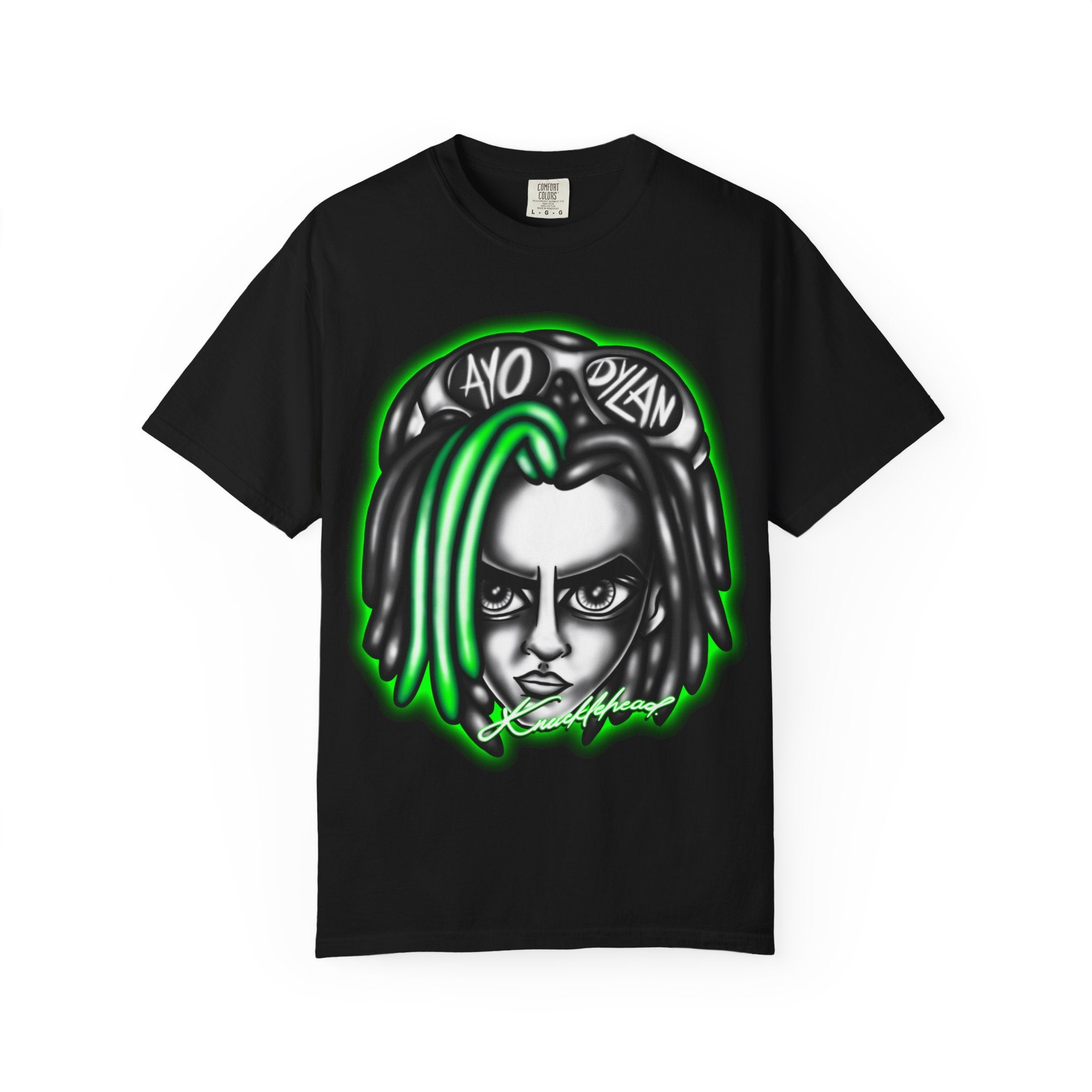 Black t-shirt with a graphic design of a face with green hair and text on a white background