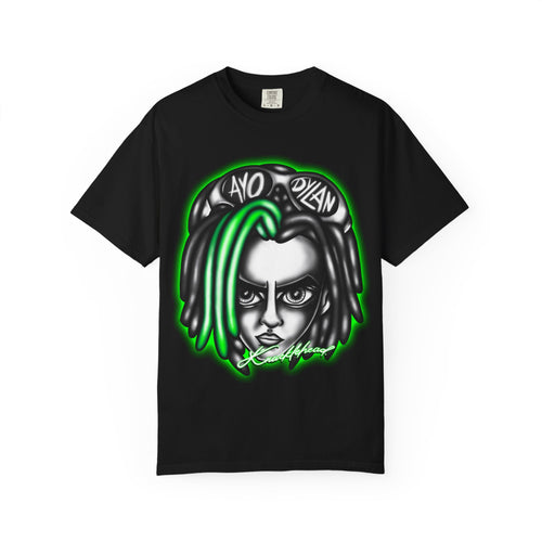 Black t-shirt with a graphic design of a face with green hair and text on a white background