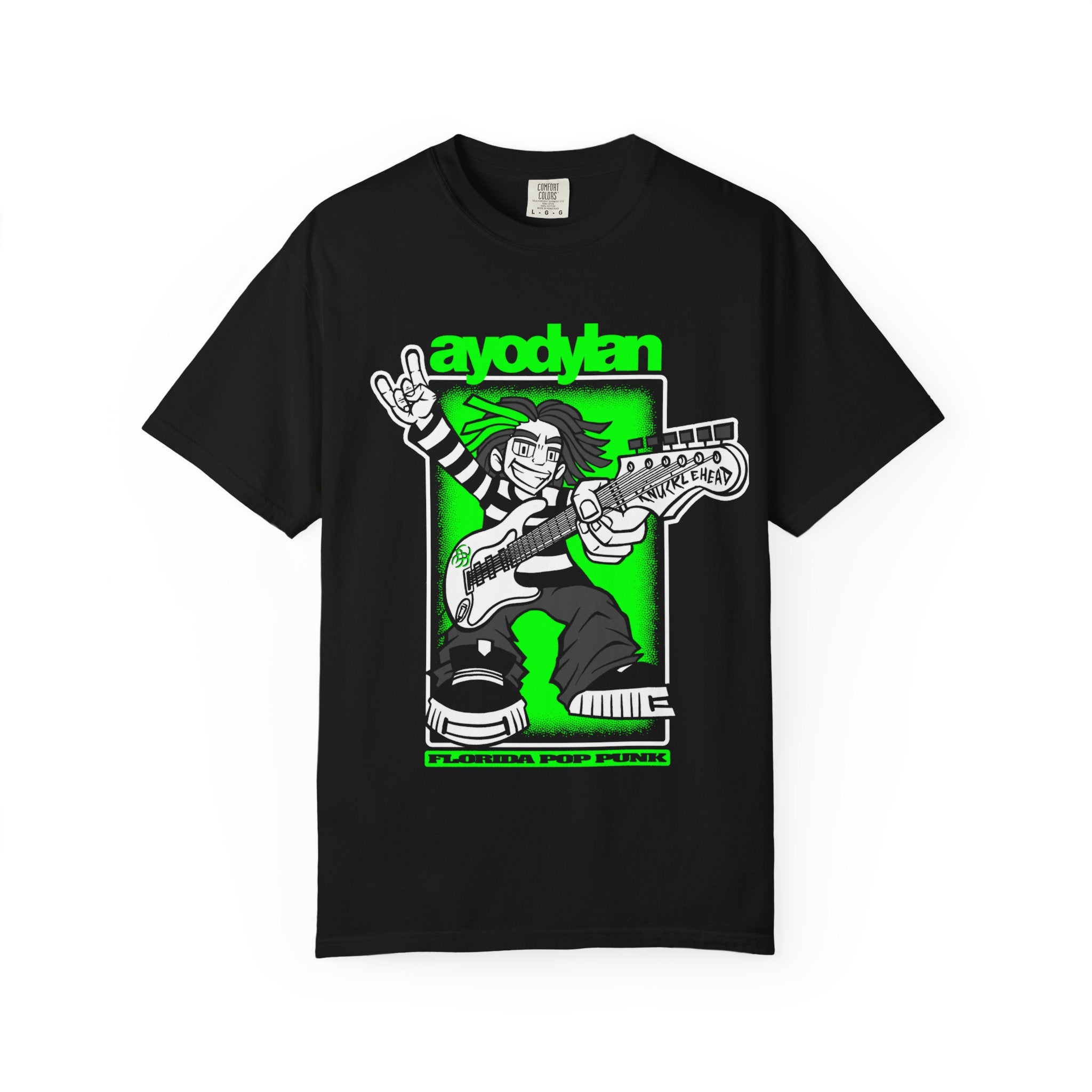 Black t-shirt with a graphic design of a person playing guitar on a white background