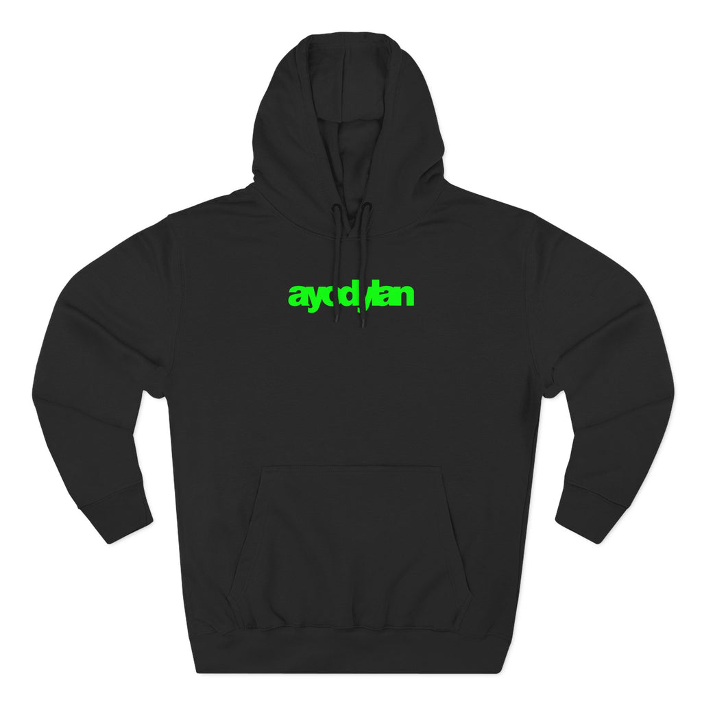 Black hoodie with green text on a white background