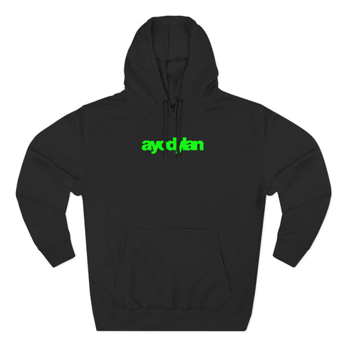 Black hoodie with green text on a white background